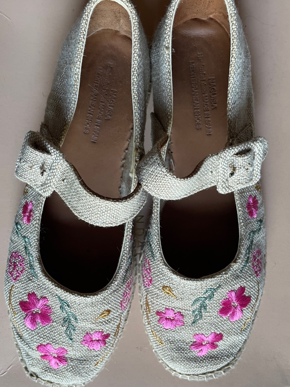 Naguisa Espadrille Mary Jane Flats with Pink Floral Embroidery